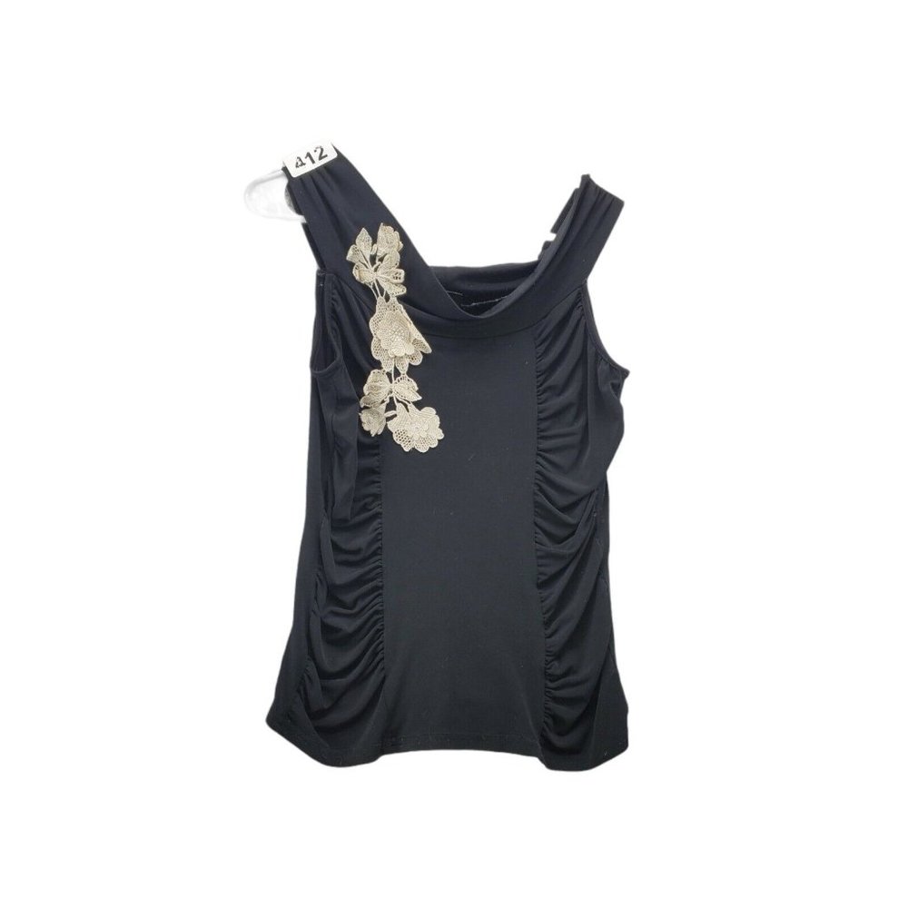 STUDIO Y Shirt Women's Dress Tank Top Gathered Sides, Floral Applique Black Med. - Picture 1 of 6